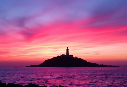 Serene island sunset, lighthouse silhouette against vibrant pink sky, calm sea, rocky coast,  rock,  design