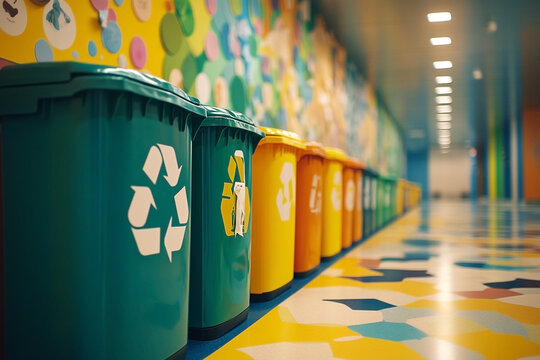 Colorful recycling bins stand in a vibrant school hallway emphasizing environmental consciousness