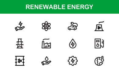 Sustainable and Renewable Energy Icons Showcasing Solar Panels, Wind Turbines, Eco Power, and Clean Electricity in a Professional Vector Design