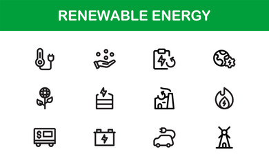 Sustainable and Renewable Energy Icons Showcasing Solar Panels, Wind Turbines, Eco Power, and Clean Electricity in a Professional Vector Design