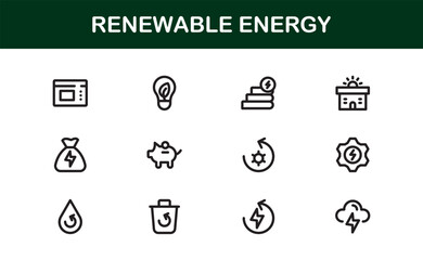 Sustainable and Renewable Energy Icons Showcasing Solar Panels, Wind Turbines, Eco Power, and Clean Electricity in a Professional Vector Design