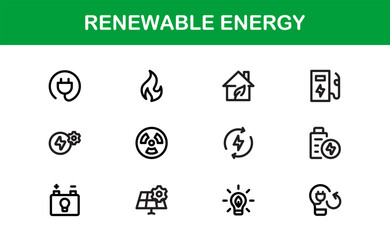 Sustainable and Renewable Energy Icons Showcasing Solar Panels, Wind Turbines, Eco Power, and Clean Electricity in a Professional Vector Design