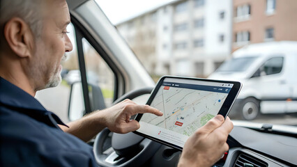 Portrait of delivery driver using gps navigation on digital tablet while sitting in delivery van, urban area background
