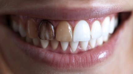 Close up of a smokers stained teeth compared to a non smokers white teeth detailed texture high contrast lighting dental health awareness concept