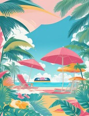 Obraz premium Summer Vacation Beach Illustration — Flat Vector with Palm Trees, Coconut Drink, and Sunset