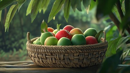 A Basket of Freshly Picked Apples Under a Lush Tree