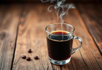 Fototapete Rund Steaming cup of dark roast coffee on rustic wood, delicious, dark coffee © Pimchada