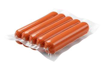 Four cocktail sausages in vacuum packaging isolated on transparent background
