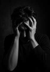 Plakat Man holding his head, experiencing pain and distress, representing mental health issues, a person suffering from a migraine headache or depression.