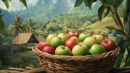 A Basket of Fresh Apples in a Lush Tropical Setting