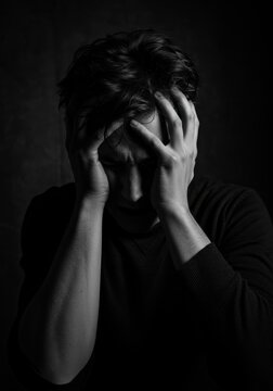 Man holding his head, experiencing pain and distress, representing mental health issues, a person suffering from a migraine headache or depression.