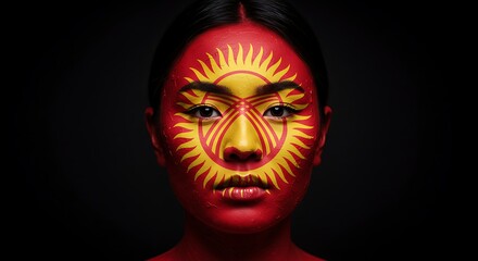 Fototapeta premium Kyrgyzstani Flag Painted on a Woman's Face, Close-up Portrait