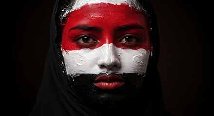 Portrait of a Woman with Face Painted in Red, White, and Black