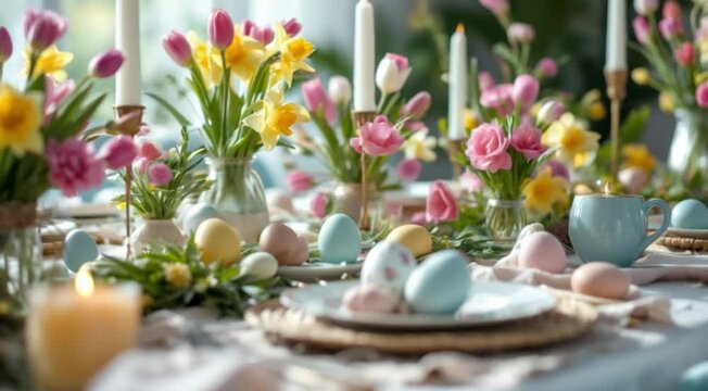 Easter brunch table setting spring flowers