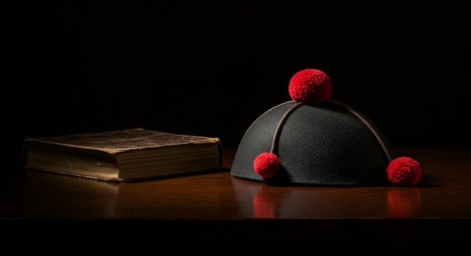 An old book sits beside a black zucchetto with red pom-poms on a polished wooden surface, under soft lighting and a dark background.