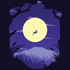 Forest Landscape with Jumping Deer in Paper Cut Style