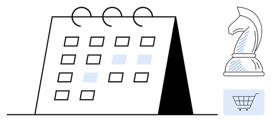 Calendar with highlighted dates, chess knight symbolizing strategy, and shopping cart for commerce. Ideal for planning, analysis, e-commerce, strategy, organization, scheduling flat simple metaphor