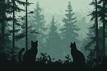 Silhouette of feline companions amidst the mystical and ethereal forest landscape