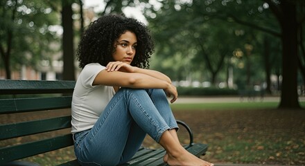 Fototapeta na wymiar Young woman with curly hair sitting alone on a park bench, her posture shows signs of mental discomfort, concept of mental disorder.