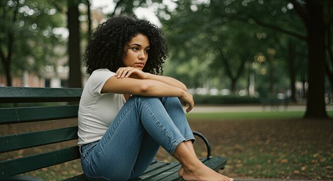 Young woman with curly hair sitting alone on a park bench, her posture shows signs of mental discomfort, concept of mental disorder.