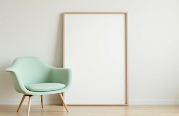 Poster frame mockup leaning against studio wall with pastel green chair and soft lighting, clean minimal setup