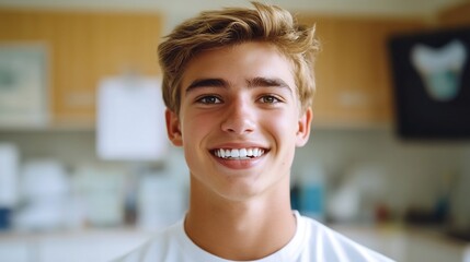 Obraz premium Portrait of young Caucasian man with a bright smile enjoying the benefits of regular dental care