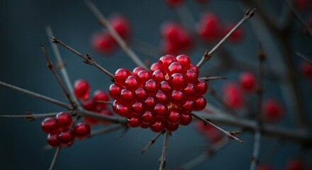 A close-up shot of bright red berries clustered on thin, bare branches against a blurred, muted blue-gray background in an outdoor setting.