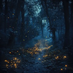 A night scene of a forest with glowing fireflies, adding a magical luminous effect to the dark surroundings --v 6.1 Job ID: fd05fbc4-b73d-4bbf-967f-abebadb5b7d0