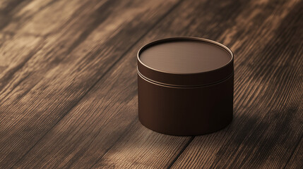 Brown Tin Can Mockup on Dark Brown Wood Grain Surface