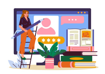 Web development woman. Businesswoman with pencil develop website. User create interface for webpage. Programmer and front end developer, graphic designer. Flat vector illustration