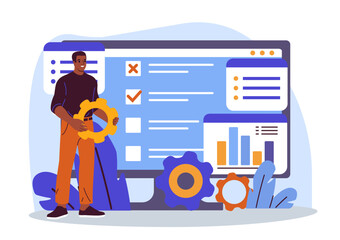 Web development man. Businessman develop online platform. User create UI and UX design elements for website. Programmer and front end developer. Flat vector illustration