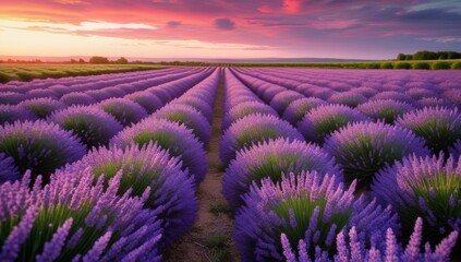 Obraz premium Lavender field at sunset with beautiful pink and purple sky creating a calming atmosphere