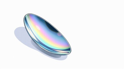 Abstract oval-shaped iridescent reflective object, positioned diagonally, on a plain white background. Vivid rainbow-like colors create a mesmerizing effect