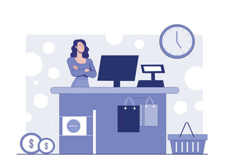 Woman at cash register. Seller waiting for customers. Supermarket or market worker. Checkout and terminal in shop. Retail occupation. Linear vector illustration