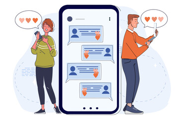 People with dating app. Man and woman standing near smartphone with chat and dialogue. Love communication on Internet and social networks. Love and romance. Linear vector illustration