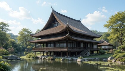 Fototapeta premium Serene Japanese House by the Pond