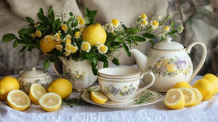 Refreshing Tea Set Display with Citrus Twist and Herbal Accents