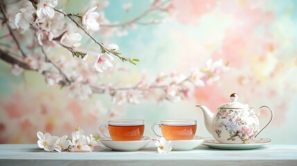 Fototapeta premium Serene Tea Time Setting with Elegant Pastel Props and Artistic Background