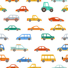 Car hand drawn cartoon seamless pattern. Cute different auto transport pickup, taxi sedan endless boundless background design. Simple repeat print wallpaper with car vector illustration for children