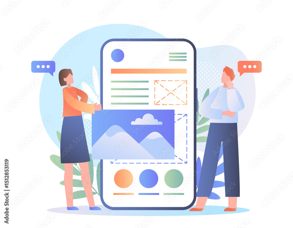 Poster mobile app development. man and woman develop mobile application for smartphone. frontend developers