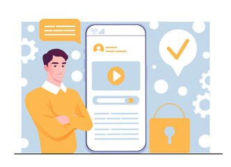 Man watch online lesson. Young guy near smartphone with video. Tutorial, online course and lecture. Remote education and training. Distant school. Flat vector illustration