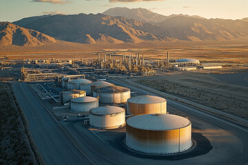 Petroleum refinery complex nestled in the arid landscape near majestic mountains