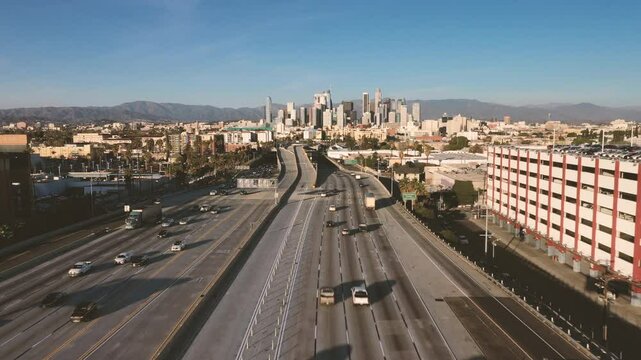 4K drone Video of downtown Los Angeles during sunset as a stablishing shot 4K