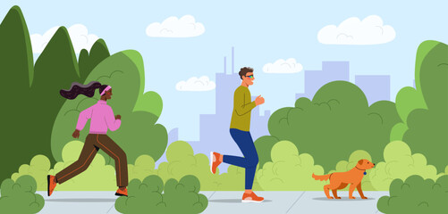 People running in park. Man and woman running with dog. Active lifestyle and sports. Sprinters and marathon runners preparing for competitions. Couple jogging outdoor. Flat vector illustration
