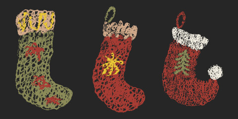 Chalk Kids Christmas Santa Sock Collection. New year pencil textured stocking set. Winter holiday freehand crayon hand drawn boot elements. Cartoon child doodle sketchy scribble vector illustration