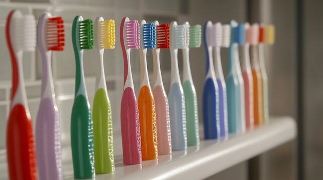Set of colorful toothbrushes displayed a shelf in a bathroom promoting oral hygiene