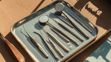 Set of dental instruments including dental mirror probe and explorer laid out on a tray