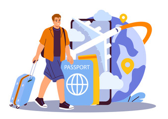 Traveler man with passport. Young guy with luggage near plane. Travel and tourism. Holiday and vacation, journey. Trips and flights around world. Flat vector illustration