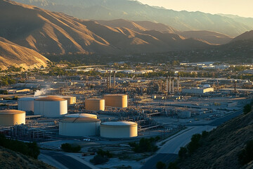 Petroleum Refinery Complex Set Against a Scenic Mountain Backdrop at Sunset
