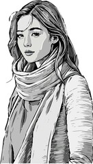 Naklejka premium Elegant Woman in Winter Outfit - Black and White Vector Illustration